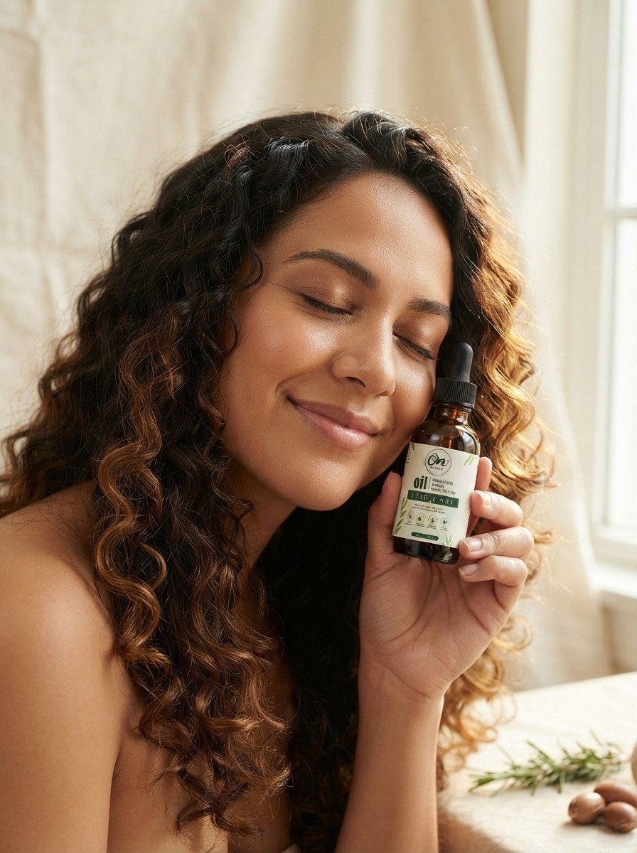 A woman with long dark curls smiling with her eyes closed, holding a bottle of OilNat Herbal Growth Oil to her cheek